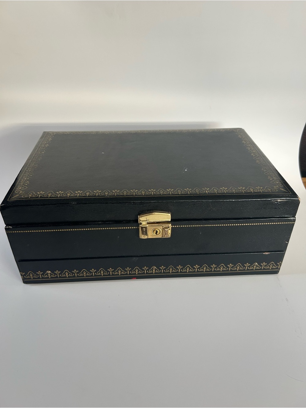 Vintage Black/Gold Leatherette Jewelry Box with Red interior